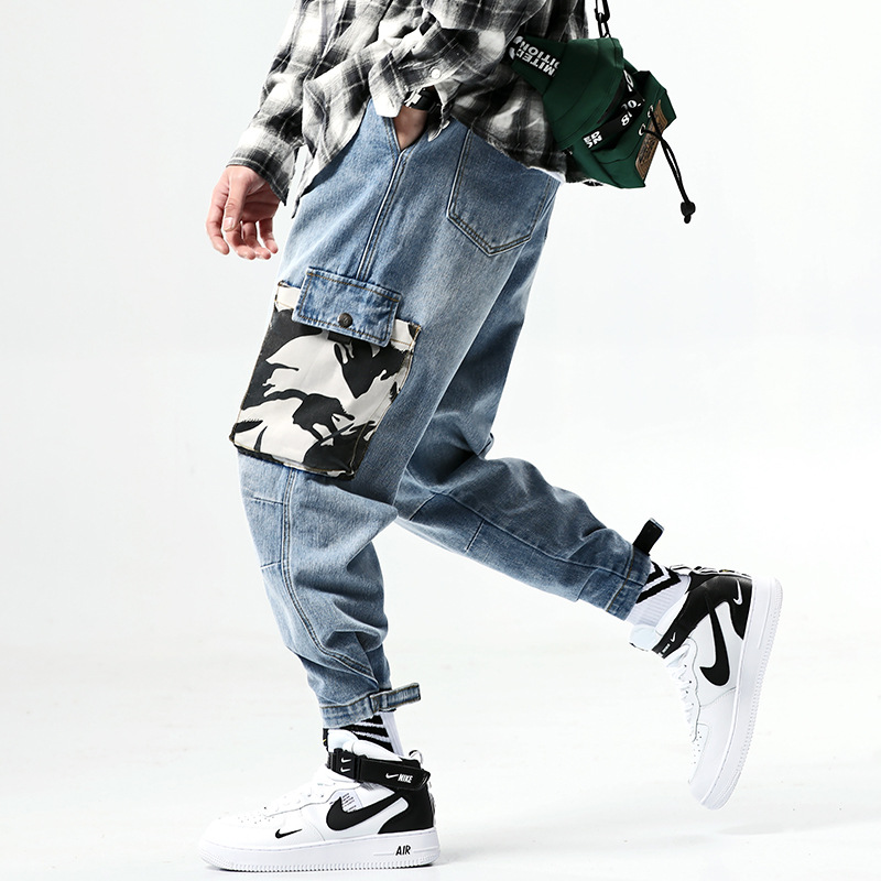 

Hot 2020 Fashions Men Jeans Camouflage Pocket Cargo Pants Hip Hop Harem Trousers Baggy Cotton Denim Joggers Jeans Male Clothes, Blue