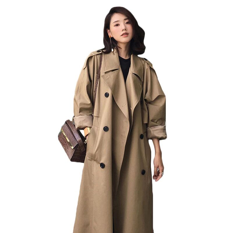 

New Fashion 2020 Autumn Casual Double breasted Simple Classic Long Trench coat with belt Chic High Quality Female windbreaker, Army green