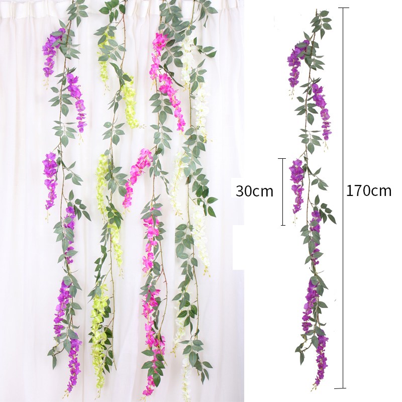 

170cm Artificial liana Silk Wisteria Flowers Vines Rattan Bride flower Wall Hanging Garland Arch Home Wedding Garden Decorations, White