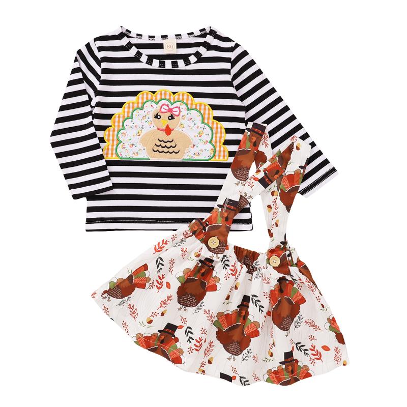 

Thanksgiving Toddler Baby Girl Clothes 2pcs Turkey Striped Print Long Sleeve T-shirt Top+Suspender Skirt Autumn Outfits Set, As pic
