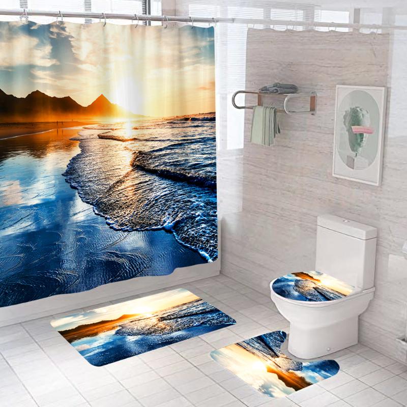 

4pcs Natural Landscape Bathroom Decor Washable Shower Curtain Set Non Slip Home Toilet Lid Cover Rugs Scenery Polyester Modern
