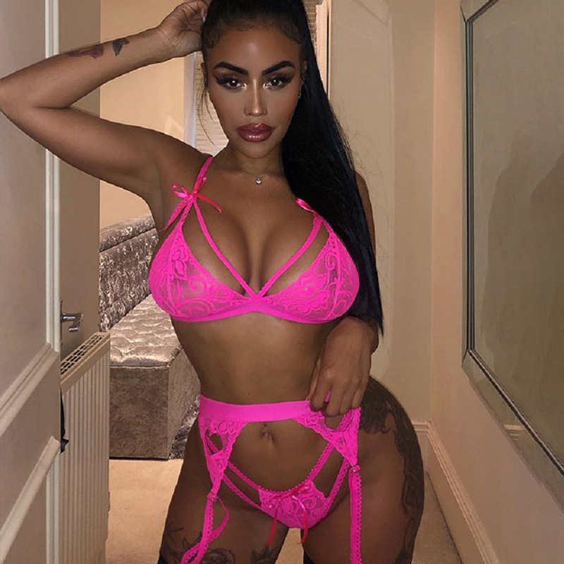 

Wholesale Women's Sexy Lingeries 3PCS Sets Fashion Lace Stitching Bow Underwear Girls Sexy Bra Panties Cross Garter Belt Set, As pic