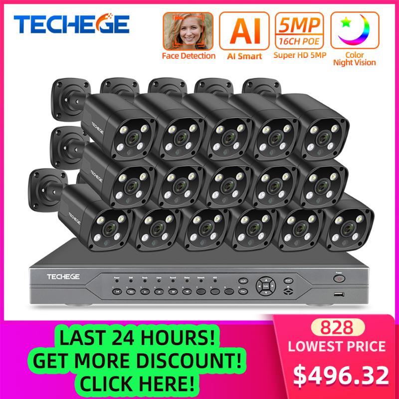 

Techege 5MP H.265 16CH POE NVR Kit CCTV AI Security Camera System Kit Outdoor Waterproof IP Camera Video Surveillance