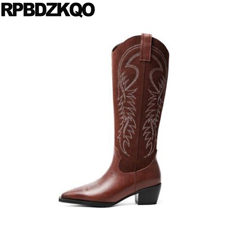

shoes wide calf embroidery embroidered chunky pointed toe high heel brown ladies women slip on cowgirl knee western boots cowboy, Black