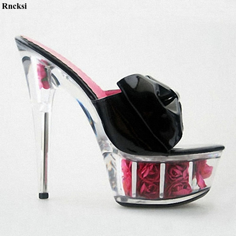 

Rncksi New 6 Inch High-Heeled Shoes Sexy Crystal Slippers Flowers Women Slides 15cm Exotic Dancer Platforms Stiletto Shoes, Red