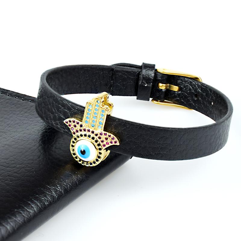 

Luxury Rainbow Zircon Devil's Eye Fatima Palm Bracelet Charm Leather Bangles for Male Women Jewelry Gift