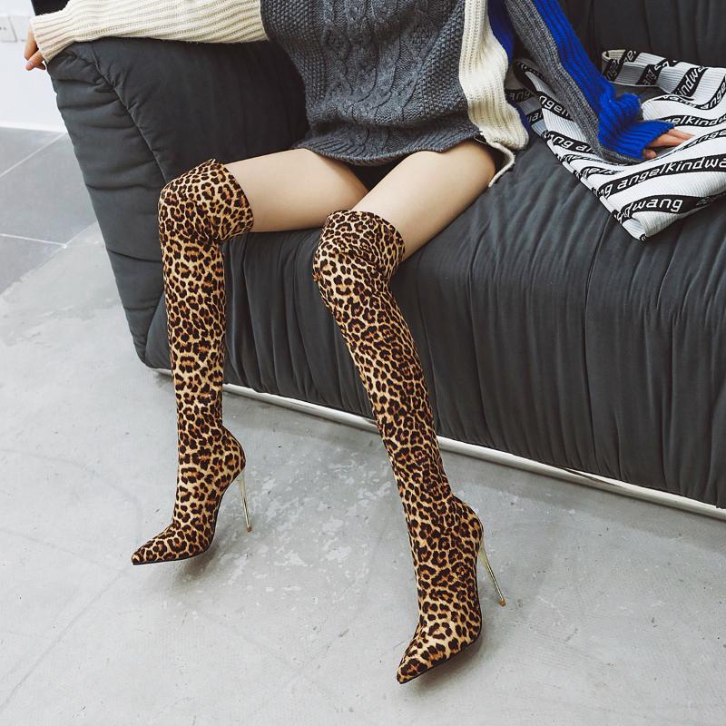 

2020 Autumn and Winter New Over-the-knee Boots Women's Stretch Skinny Legs Leopard Stiletto High-heeled Women's Boots Long, Black