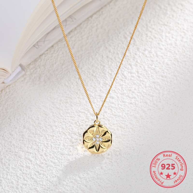 

Pure 925 Silver European American New Design Creative Concise Gold Round Sun Flower Pendant Necklace Fine Jewelry