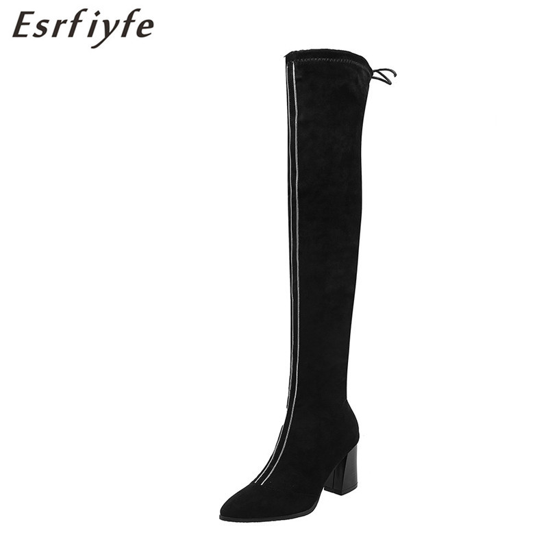 

ESRFIYFE 2020 New Women Over The Knee High Boots High Heels Winter Shoes Pointed Toe Sexy Elastic Fabric Women Boots Size 34-48, Black