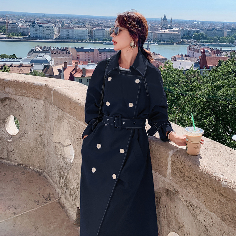 

New Women' Double-Breasted Trench Coat With Belt Classical Lapel Collar Loose Long Windbreaker Female Spring Vintage Outerwear, Red wine