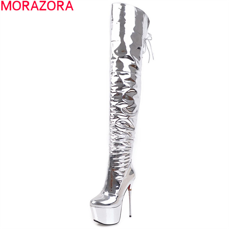 

MORAZORA 2020 autumn winter women boots sexy super high thin heel over the knee boots platform zipper cross tied ladies, Silver