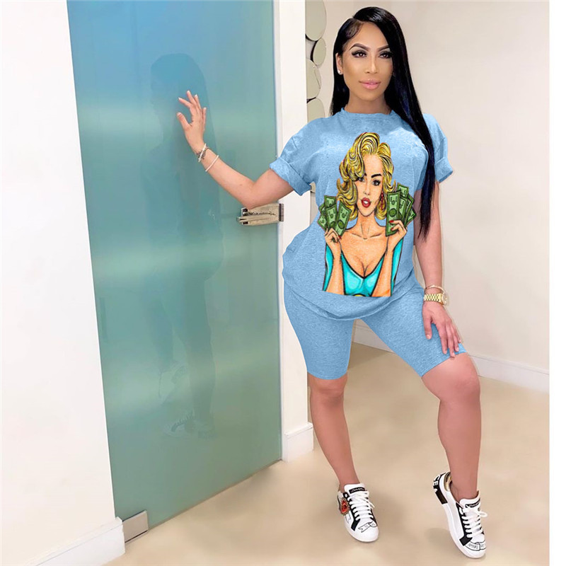 

Women Summer Designer Tshirts Dollar Printed Fashion Hot Street Short Sleeve Tees Tops Solid Color T Shirts Women Clothing 2020 new, 7 blue(sets)