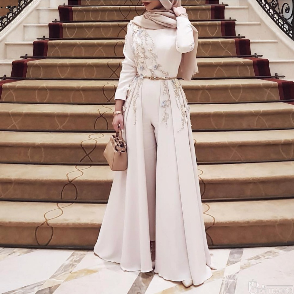 

Elegant Long Sleeve Muslim Jumpsuit Evening Dresses 2023 Appliqued robe de soiree Islamic Dubai Hijab Formal Event Gowns Prom Party Dress, Plus size fee not product