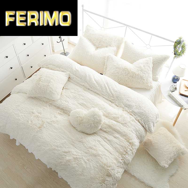 

White Pink Fleece Bedding set King Queen  size Girls Bed set Warm Soft Bed sheet Duvet cover skirt parure de lit