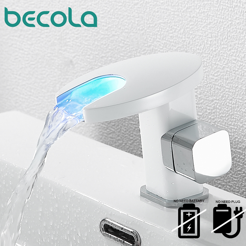 

BECOLA Waterfall LED Basin Faucet Bathroom Faucet Cold and Hot Water Mixer Tap Deck Mounted Wash Sink Washbasin Tap BR-2020A109