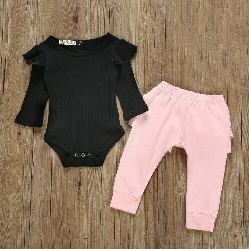 

Baby Girl Clothes Ruffles Black Newborn Infant Clothing Set Cotton Bodysuit+Pink Pants Fall Outfit Long Sleeve Baby Girl Set