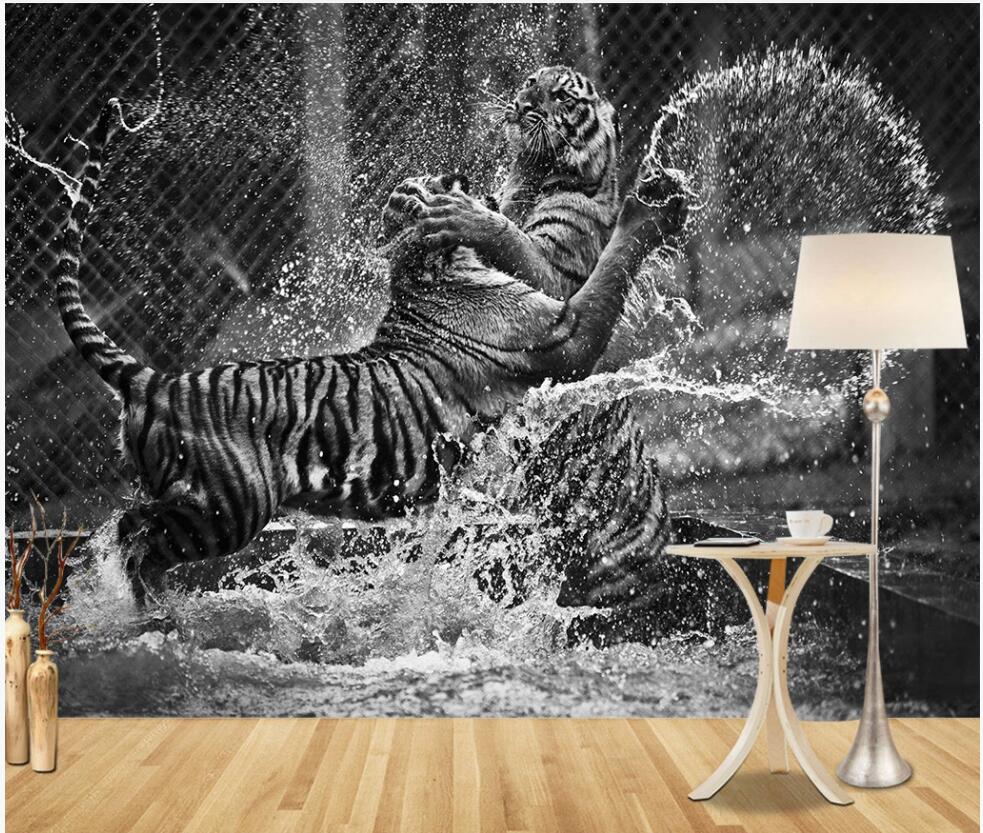 

Custom 3d photo wallpaper mural Modern abstract art black and white tiger wrestling home decor living room wallpaper for walls 3 d, Non-woven wallpaper