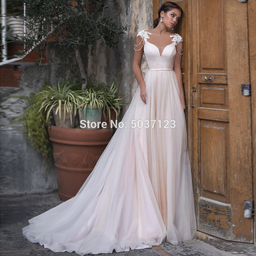 

Pink Tulle A Line Wedding Dress 2021 Vestido De Noiva Cap Sleeves Lace Appliques Beading Scoop Neck Open Back Boho Wedding Gowns, White