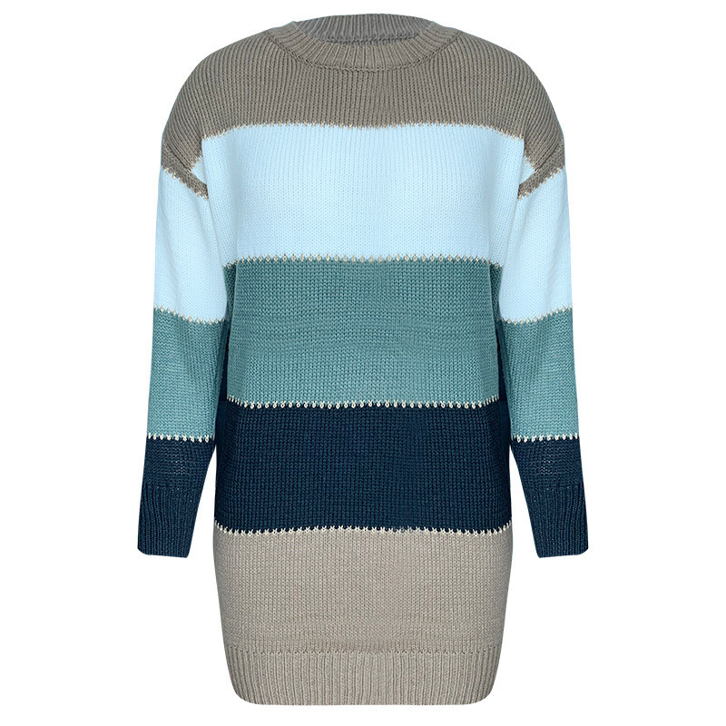 Fashion Striped Long Sleeve Dress Casual Knitted Sweater Bodycon Dresses Womens Autumn Winter O Neck Dresses-image-578634226