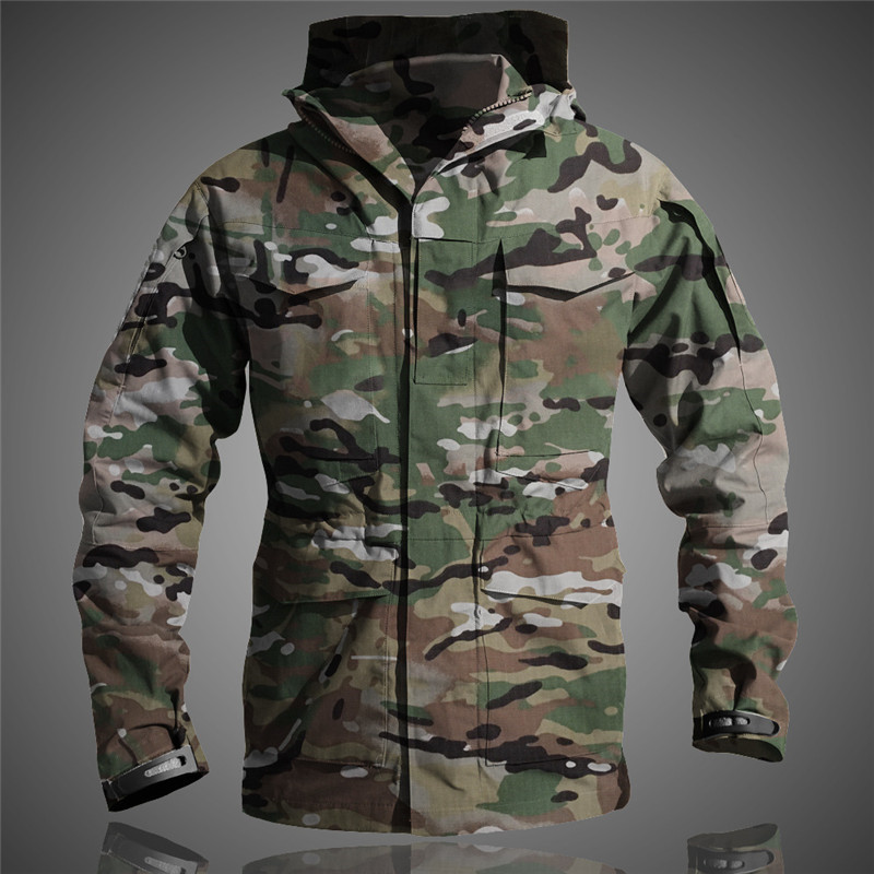 

Outdoor Hiking Camping Tactical Men US Army Field Autumn Waterproof Windproof Male Windbreaker Multi-Pocket Camo Jacket, Black