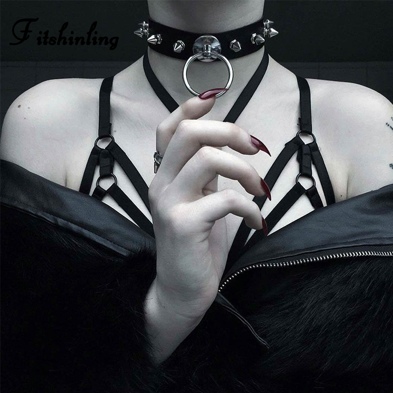 

Fitshinling PU Faux Leather Gothic Choker Rivet Punk Grunge Black Necklace Women Accessories Round Cool Pendant Dark Chains New