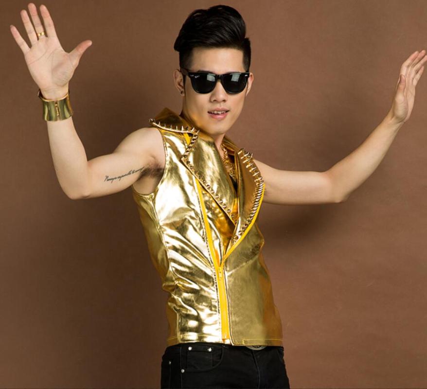 

tide men costumes nightclub men singers DJ punk rock vest gold rivets vest overcoat stage costumes ! -XL, Orange