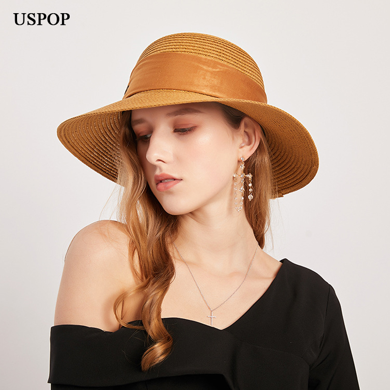 

USPOP 2020 straw hat ladies summer sun hat wide brim beach big bow straw sun shade, Beige