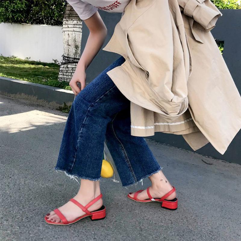 

Luxury Summer Roman Party Fashion Women Sandals Students Square Head Korean Version PU Mid Heel Solid A Word Buckle Casual, Beige