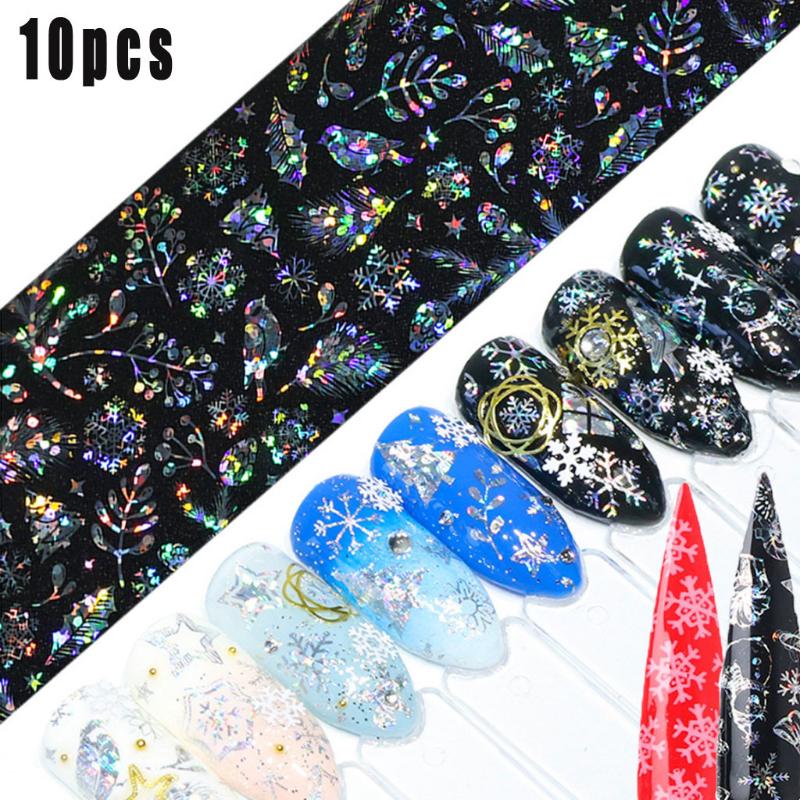 

10 PCS Nail Christmas Starry Paper Ins Black And White Laser Snowflake Christmas Nail Transfer Sticker, As shown