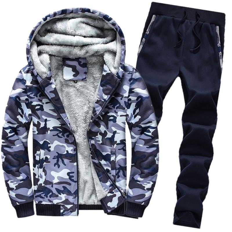 

Casual Mens Tracksuit Winter Two Piece Sets Fleece Thick Hooded Jacket + Pants Sporting Suit Male
