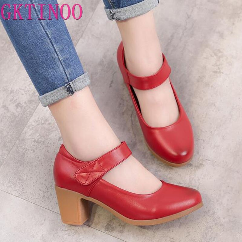 

GKTINOO 2020 Genuine Leather shoes Women Round Toe Pumps Sapato feminino High Heels Shallow Fashion Black Work Shoe