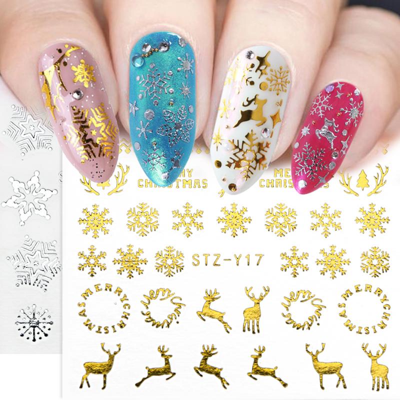 

Gold Silver Christmas Nail Sticker Snowflake Flower Moon Elk Water Transfer Decal Xmas Tree Winter Full Wrap Slider SASTZ-YA-1, Stz-y12 gold