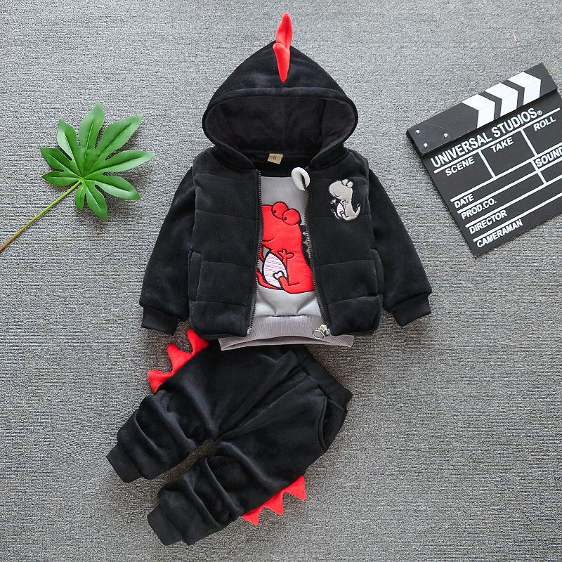 

winter Leisure Baby boys Hooded jacket pants Children's Clothing set New Boys'Cartoon Thick velvet fox kids Suit baby girls Suit, As picture