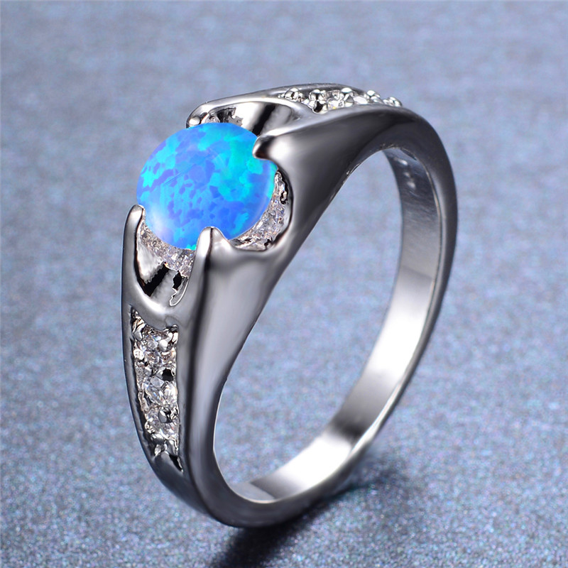 

Cute Female Blue White Opal Ring Boho Silver Color Wedding Rings For Women Promise Small Round Engagement Ring