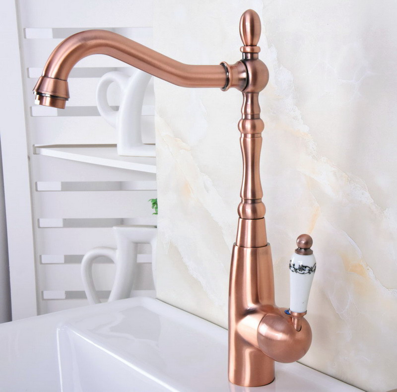 

Red Copper Swivel Kitchen & Bathroom faucet Basin Vessel Mixer Sink Tap Single Hole Deck Mounted Wnf632