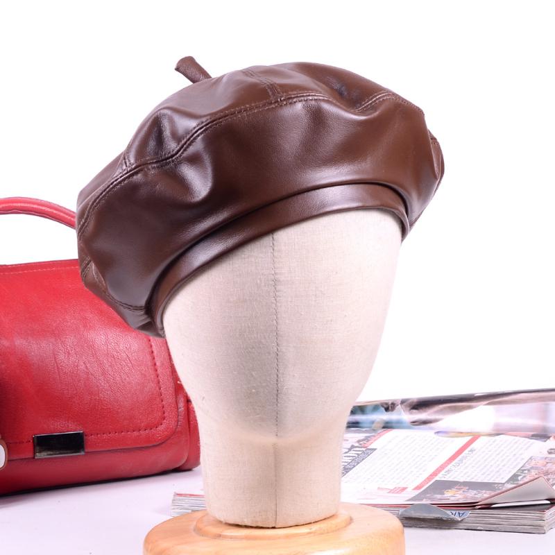 

Women's Ladies Real Leather Sheep Skin Lambskin Beret Round Cap Style Army Hats/Caps, Black