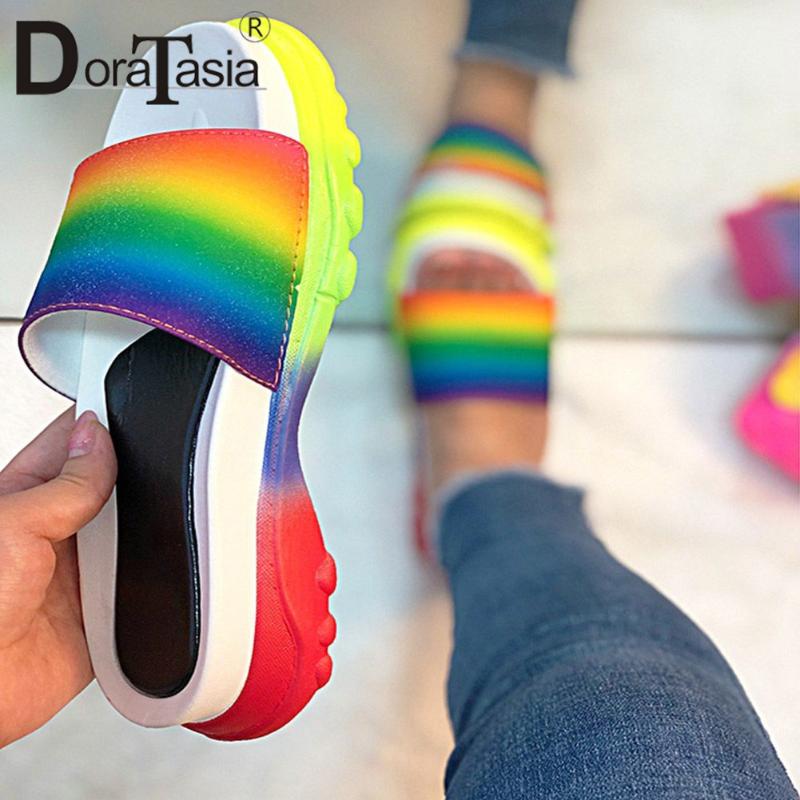 

DORATASIA Ins Hot Girl Mixed Clor Rainbow Open Toe Slippers Summer Slippers Women Casual Beacn Daily Wedges Shoes Woman, Black