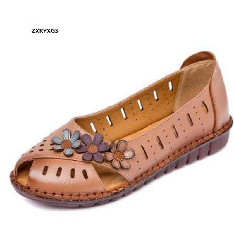 

New Fish Mouth Hollow Genuine Leather Sandals Summer Flowers Women Shoes Fashion Casual Sandals Flat Comfortable Mother, Yellow