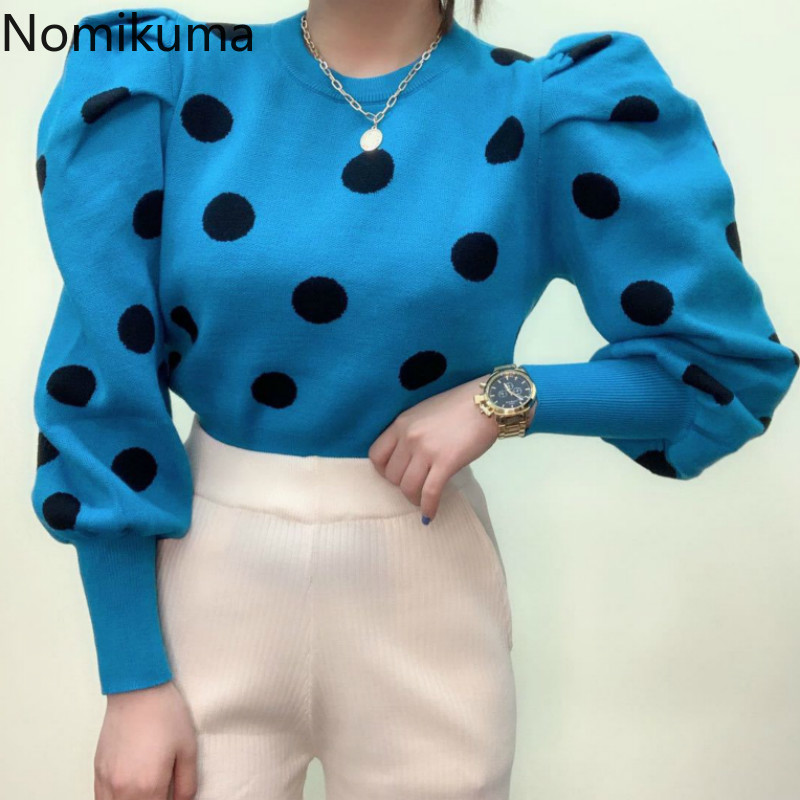 

Nomikuma Korean Elegant Dot Pullover Knitwear Causal O-neck Women Knitted Tops 2020 Autumn New Ropa De Invierno Mujer 6C380, Black