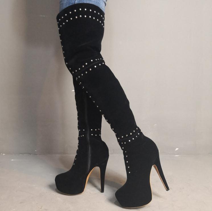 

Suede Rivets Platform Long Boots Fashion Lady Super Thin Heel Studded Over the Knee Boots Woman Large Size Casual Shoes, Black