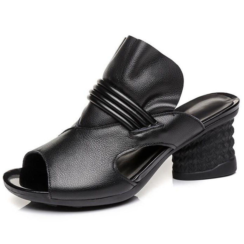 

2020 Summer New Classic Full Genuine Leather Sandals Fashion Fish Mouth Women Sandals Comfort Elegant Silppers High Heel, Black