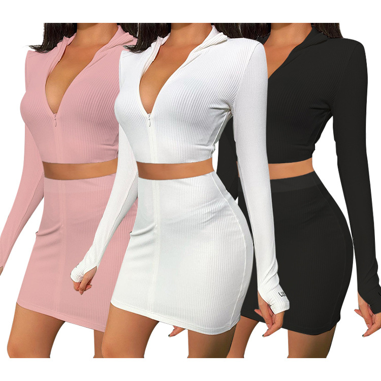 

Echoine Women' Casual Two Piece Set Long Sleeve Crop Tops Knitted Midi Bodycon Mini Skirts Suit Outfit Dress Active Tracksuits, White