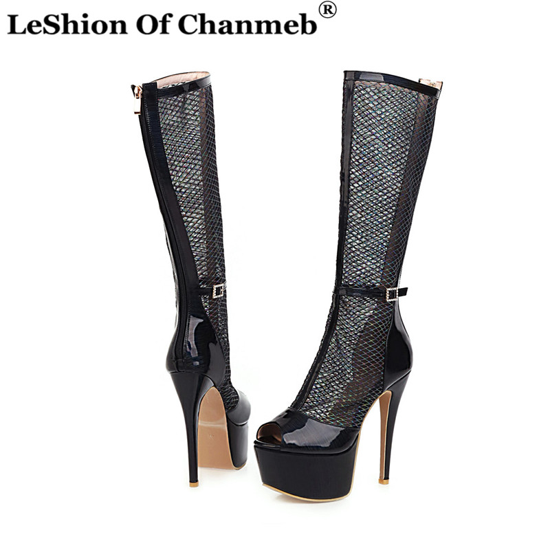 

Small Size 33 Summer Net Boots Women Peep Toe Knee High Boots Woman Stiletto Platform Shoes Ladies Sexy Large Size 48 Party Shoe, Nude