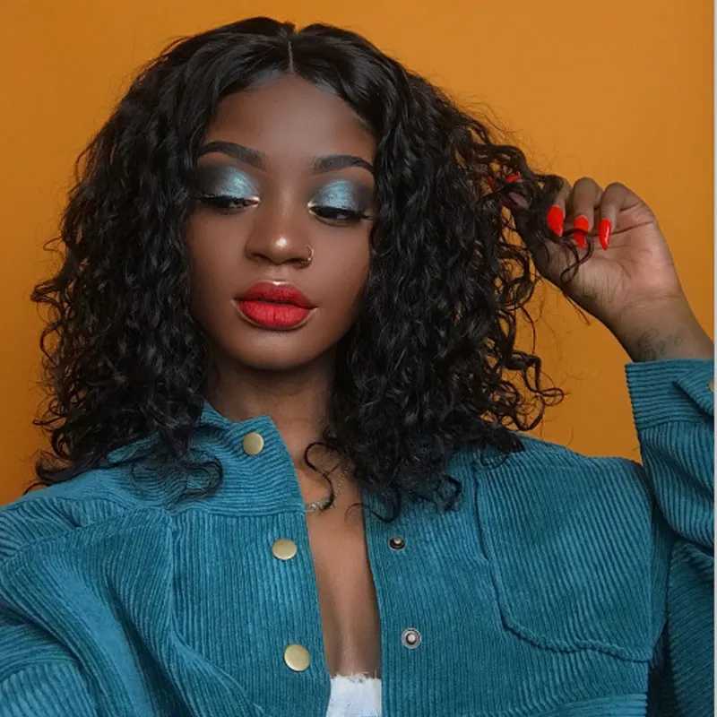 

Shinelady Short Lace Part Wigs Natural Black Color Brazilian Remy Hair Wig Wet and Wavy Short Human Hair Lace Wigs For Women, As pic