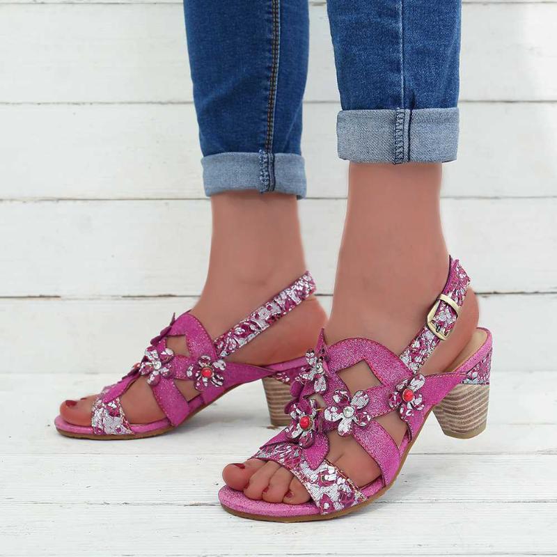 

Sandals for Women 2020 New Fashion Female Vintage Chunky High Heel Outdoor Summer Casual Sandals Hollow Out Flowers Shoes D30, Light gray