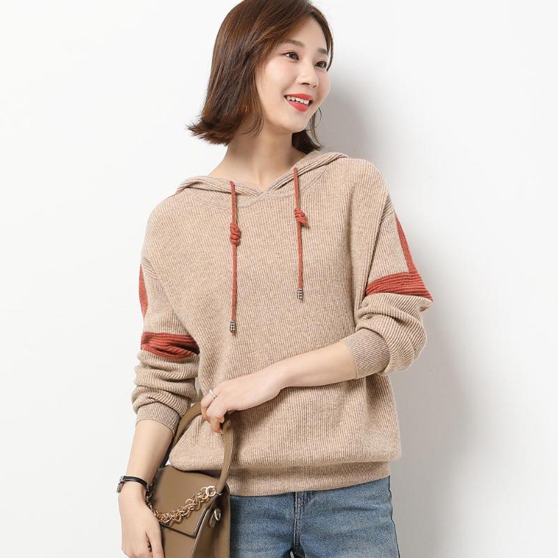 

masigoch autumn winter new styles 100% merino wool hooded sweater oversize for women, Camel