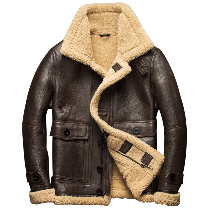 

Winter Genuine Leather Jacket Men Warm Natural Fur Coat Sheepskin Motorcycle Flight Jacket Outerwear High Quality 7107-1, Brown