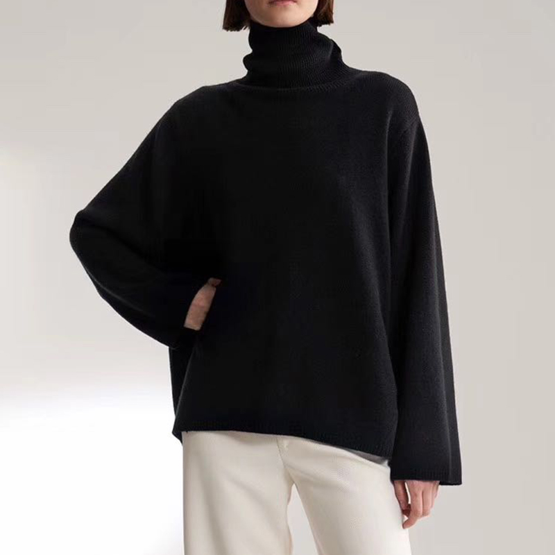 

Turtleneck Womens Loose Knitted Sweater Long Sleeve Knit Pullover Tops Female Asymmetrical Autumn And Winter Knitwear, B gray