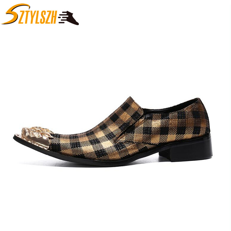 

British designer men Classic grid gentleman pointed shoes Wedding Dress Family dance party Formal shoes zapatos hombre vestir, Gold