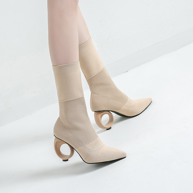 

Knitting boots women autumn winter pointed toe stretch sock boots ladies sexy strange high heels mid calf zapatos mujer, Black 8cm